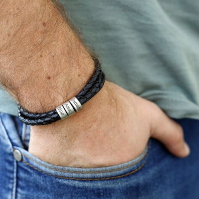 Custom Leather Men's Bracelet with Personalized Beads - Father's Day Gift for Dad & Grandpa