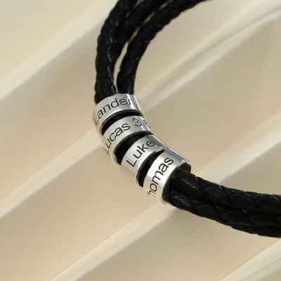 Custom Leather Men's Bracelet with Personalized Beads - Father's Day Gift for Dad & Grandpa