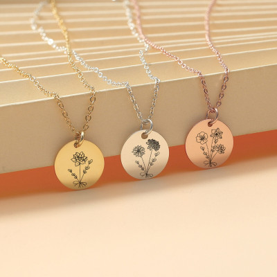 Custom Engraved Family Birth Flower Necklace - Personalized Children's Birth Month Jewelry, Christmas Gifts for Mom