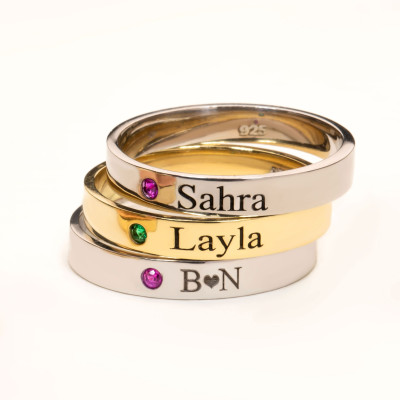 Customized Name Ring - Engraved Signet & Birthstone Stackable Ring, Perfect Gift for Mom or Her, Pinky Ring