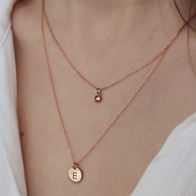 Personalized Round Disc Birthstone Initial Necklace - Minimalist Letter Necklace Valentine's Day Gift