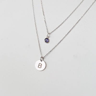 Personalized Round Disc Birthstone Initial Necklace - Minimalist Letter Necklace Valentine's Day Gift