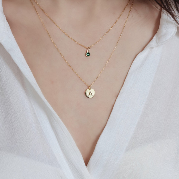 Personalized Round Disc Birthstone Initial Necklace - Minimalist Letter Necklace Valentine's Day Gift