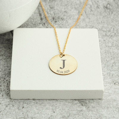 Custom Engraved Initial & Date Disc Pendant Necklace | Personalized Dainty Jewelry | Mother's Day & Birthday Gift