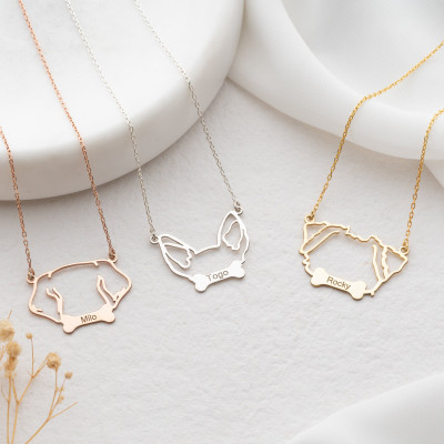 Customizable Gold Dog Ear Necklace & Silver Bone Necklace with Personalized Name - Dog Lover Gifts