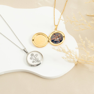 Personalized Family Photo Locket Necklace, Custom Birth Flower Bouquet Memorial Jewelry, Christmas Gift for Mum or Grandma