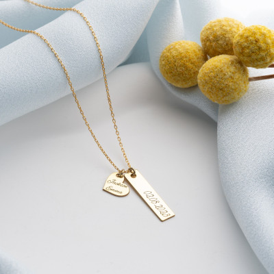 Custom Engraved Name Bar Necklace with Heart Charm - Personalized Silver or Gold Family Necklace