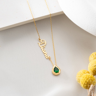 Custom Gold Name Necklace with Emerald Birthstone, Personalized Silver May Birthstone Gift for Mother's Day