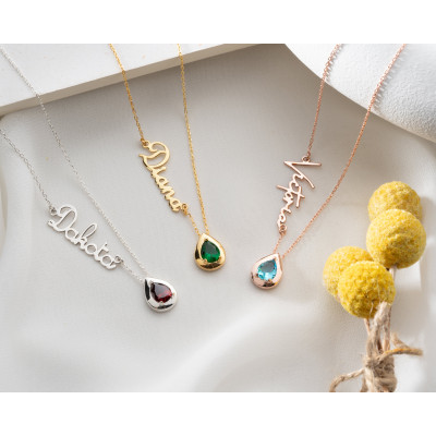 Custom Gold Name Necklace with Emerald Birthstone, Personalized Silver May Birthstone Gift for Mother's Day