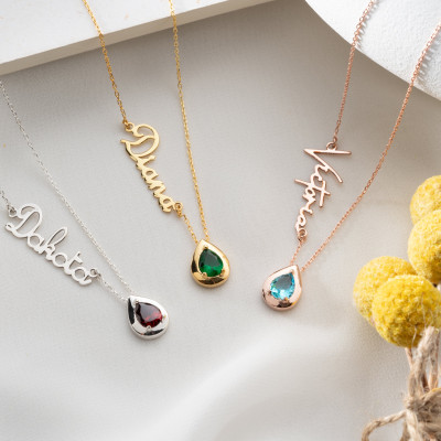 Custom Gold Name Necklace with May Birthstone - Personalized Silver Necklace for Mother's Day Gifts