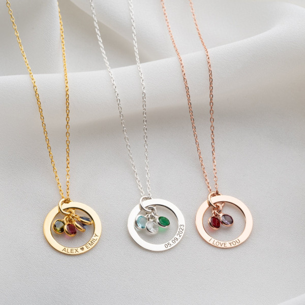 Personalized Women's Gold Name Necklace with Birthstone Circle and Engraved Message - Silver Jewelry