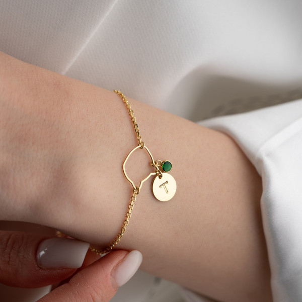 Custom Gold Cat Charm Bracelet for Women - Silver Initial Bracelet with Birthstone, Dainty Engraved Disc Bracelet,