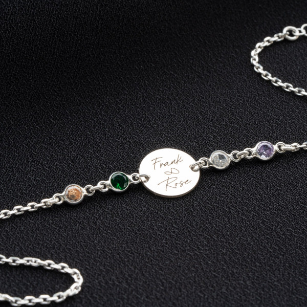 Personalized Silver Mom Bracelet with Birthstone and Engraved Initials - Dainty Citrine Gold Disc Name Bracelet