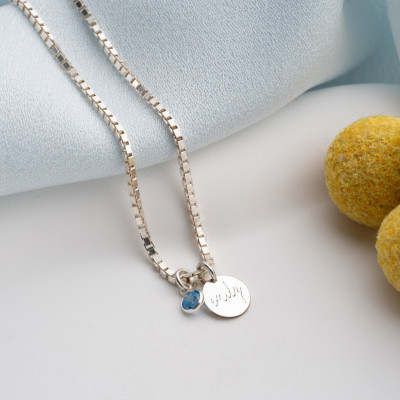 Custom Silver Name Necklace with Birthstone - Personalized Gold Disc Pendant for Mom (December Birthstone)