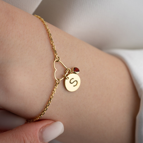 Personalized Gold Heart Bracelet with Initial and Birthstone Charm - Dainty Silver Disc Bracelet for Women