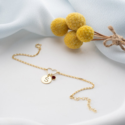 Personalized Gold Heart Bracelet with Initial and Birthstone Charm - Dainty Silver Disc Bracelet for Women