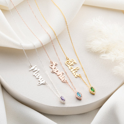 Custom Gold Name Necklace with Oval Birthstone, Personalized Birthday and Christmas Gifts for Mom and Her