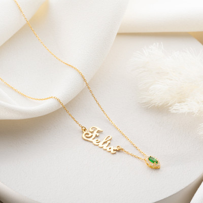 Custom Gold Name Necklace with Oval Birthstone, Personalized Birthday and Christmas Gifts for Mom and Her