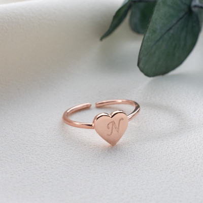 14k Gold Plated Sterling Silver Initial Heart Signet Ring, Personalized Engraved Letter Ring, Dainty Gift for Women, Grandma Jewelry