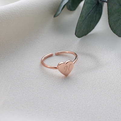 14k Gold Plated Sterling Silver Initial Heart Signet Ring, Personalized Engraved Letter Ring, Dainty Gift for Women, Grandma Jewelry