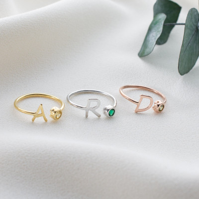 Custom Initial Birthstone Ring, 925 Sterling Silver, 14k Gold Plated Elegant November Jewelry for Women