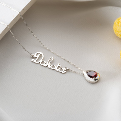 Custom Teardrop Birthstone Name Necklace - Personalized June Birthstone Gift