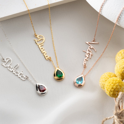 Custom Teardrop Birthstone Name Necklace - Personalized June Birthstone Gift