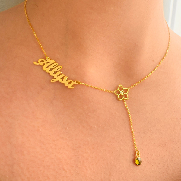 Custom Birthstone & Birth Flower Name Necklace - Personalized Lariat Jewelry Birthday & Bridesmaid Gifts