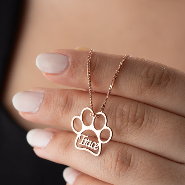 Custom Gold Dog Paw Print Necklace - Pet Memorial Jewelry for Dog Moms - Silver Name Plate Necklace with Personalized Engraving -