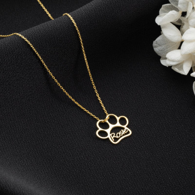 Custom Gold Dog Paw Print Necklace - Pet Memorial Jewelry for Dog Moms - Silver Name Plate Necklace with Personalized Engraving -