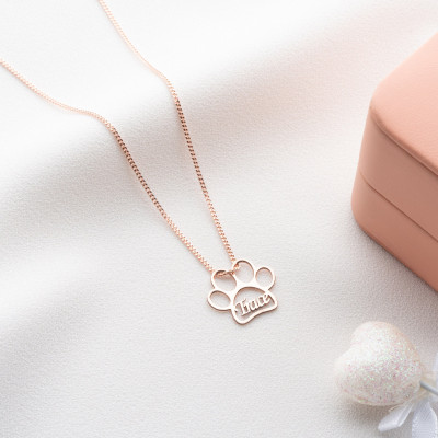 Custom Gold Dog Paw Print Necklace - Pet Memorial Jewelry for Dog Moms - Silver Name Plate Necklace with Personalized Engraving -