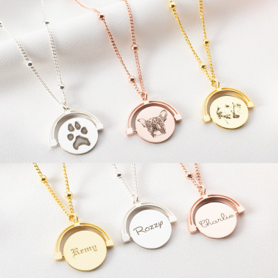 Custom Pet Memorial Photo Necklace - Engraved Pet & Dog Picture Pendant, Personalized Pet Name Jewelry on Silver Ball Chain,