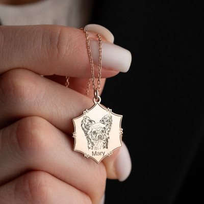 Custom 14k Gold Dog Mom Necklace - Pet Portrait Memorial Silver Pendant - Engraved Pet Photo Jewelry