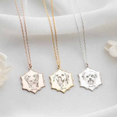 Custom 14k Gold Dog Mom Necklace - Pet Portrait Memorial Silver Pendant - Engraved Pet Photo Jewelry