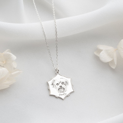 Custom 14k Gold Dog Mom Necklace - Pet Portrait Memorial Silver Pendant - Engraved Pet Photo Jewelry