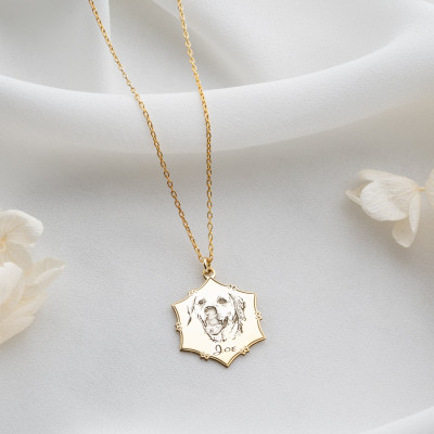 Custom 14k Gold Dog Mom Necklace - Pet Portrait Memorial Silver Pendant - Engraved Pet Photo Jewelry