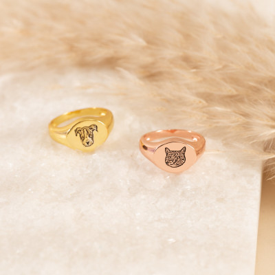 Custom Pet Portrait Signet Ring, Personalized Engraved Cat Dog Picture Ring, Pet Memorial Gifts for Pet Lovers, Gift for Him