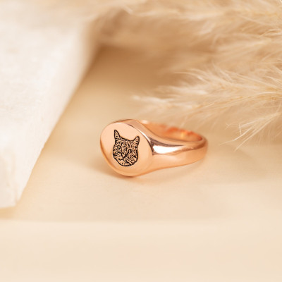 Custom Pet Portrait Signet Ring, Personalized Engraved Cat Dog Picture Ring, Pet Memorial Gifts for Pet Lovers, Gift for Him