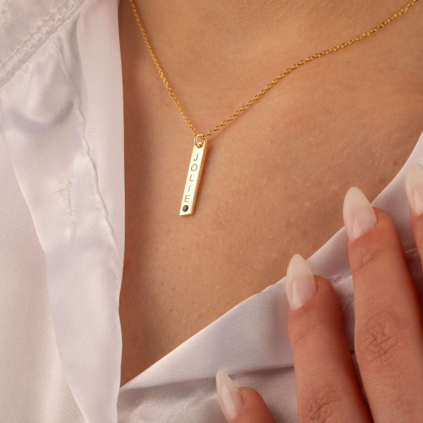 Customizable Gold Vertical Bar Necklace with Birthstone, Mother’s Day Gift