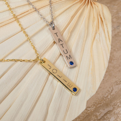 Customizable Gold Vertical Bar Necklace with Birthstone, Mother’s Day Gift