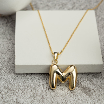 Custom Initial Puff Letter Necklace - Mother's Day, Valentine's Day Gifts for Her, Gold/Rose Gold/Sterling Silver Plated,