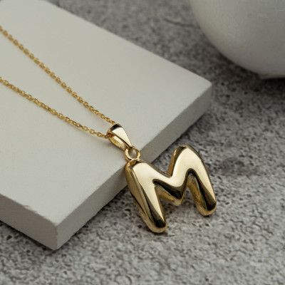 Custom Initial Puff Letter Necklace - Mother's Day, Valentine's Day Gifts for Her, Gold/Rose Gold/Sterling Silver Plated,