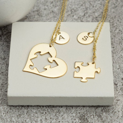 Custom Initial Puzzle Heart Necklaces for Mom, Daughter, Granddaughter, Couples - Mother & Grandma Gift