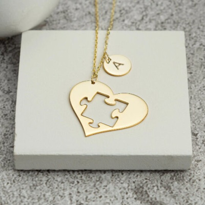 Custom Initial Puzzle Heart Necklaces for Mom, Daughter, Granddaughter, Couples - Mother & Grandma Gift