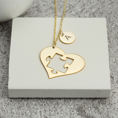 Puzzle Heart Couple Necklace Set, Matching Valentines Jewelry Gift for Him & Her, Men's and Women's Necklace in Silver, Gold, Rose Gold