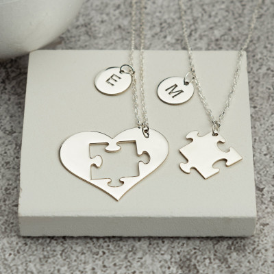 Puzzle Heart Couple Necklace Set, Matching Valentines Jewelry Gift for Him & Her, Men's and Women's Necklace in Silver, Gold, Rose Gold