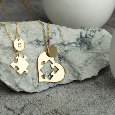 Puzzle Heart Couple Necklace Set, Matching Valentines Jewelry Gift for Him & Her, Men's and Women's Necklace in Silver, Gold, Rose Gold