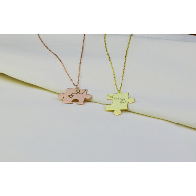 Couple Puzzle Necklace Set - Personalized Name Matching Pendant Gift for Best Friends or Men's Valentine's Day, Available in Silver, 18k Gold, Rose Gold,