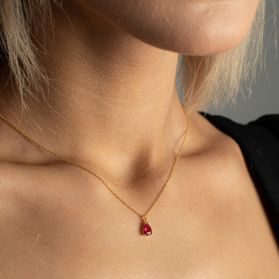 Silver Red Ruby Teardrop Necklace - July Birthstone Gift for Women & Daughters,