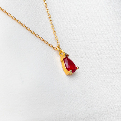 Silver Red Ruby Teardrop Necklace - July Birthstone Gift for Women & Daughters,